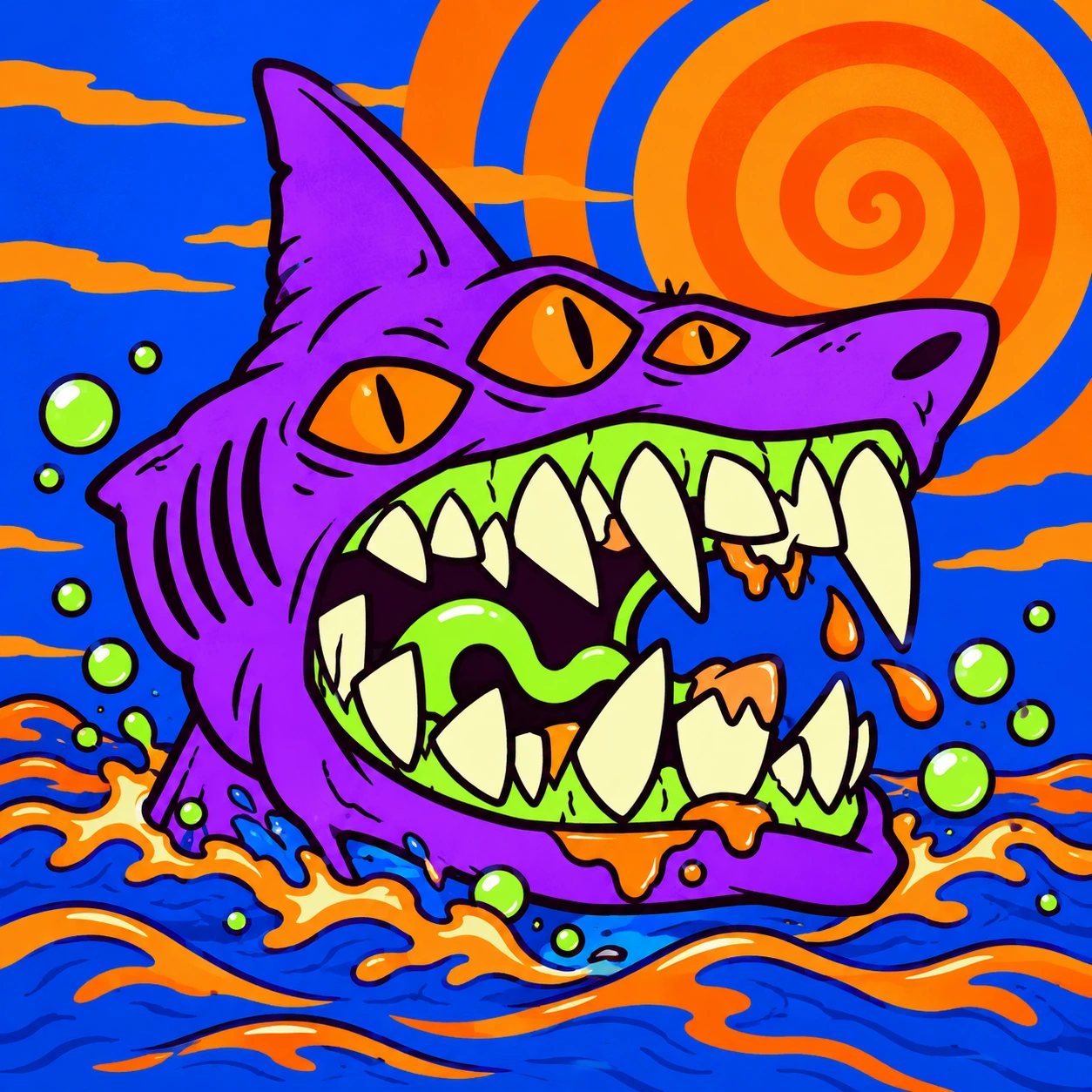 PsyShark emerges from orange waves beneath a spiral sun