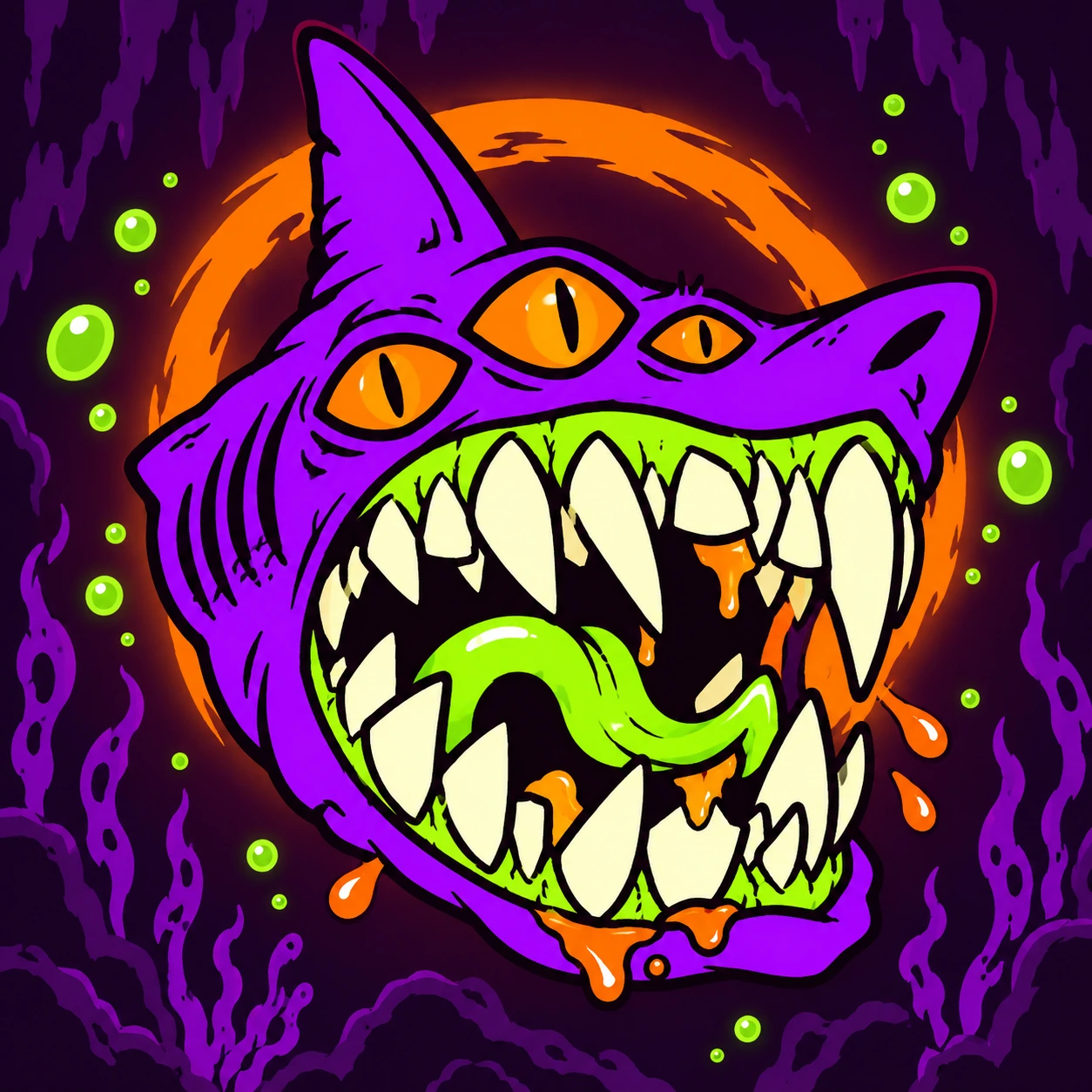 The purple shark grins inside a dark underwater cave