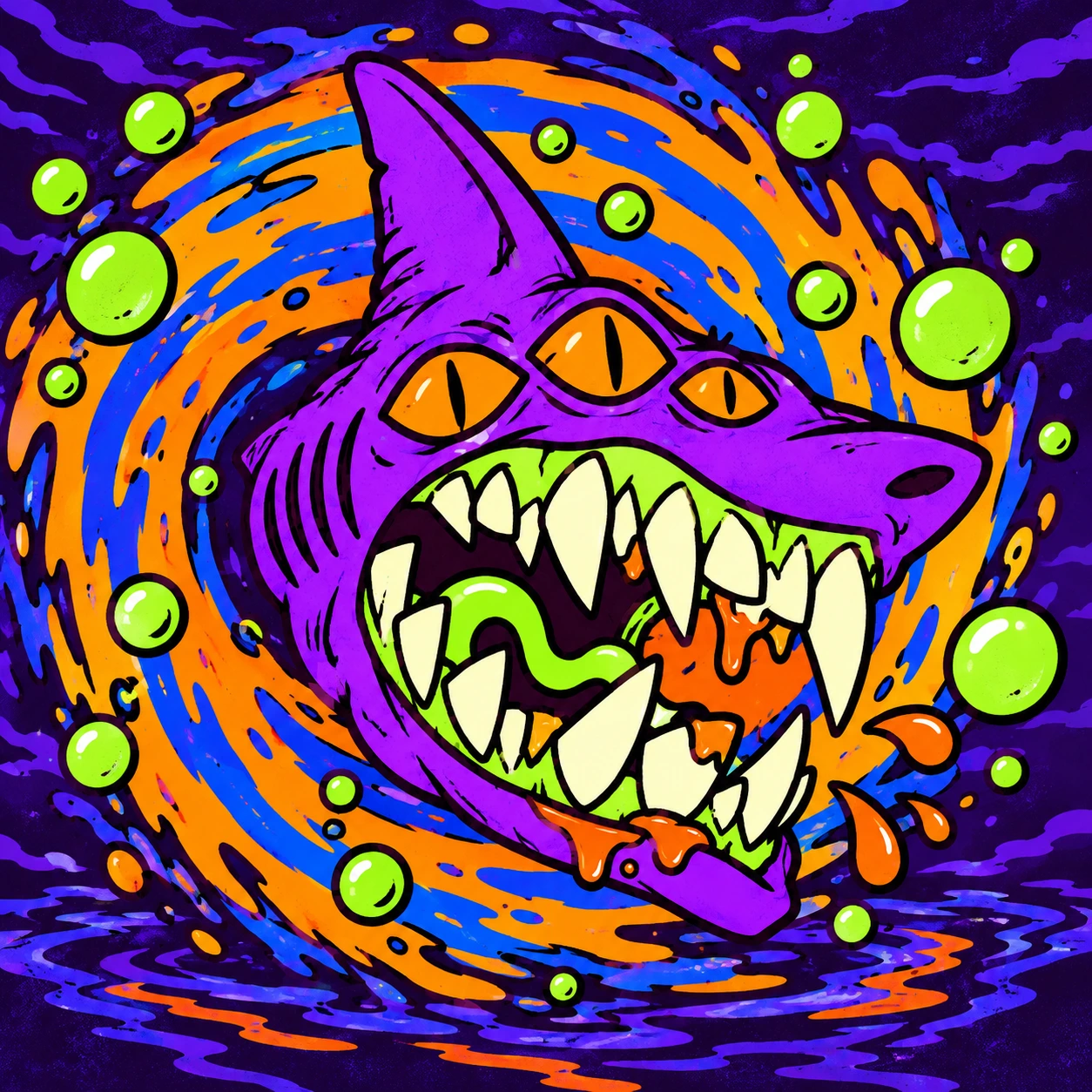 PsyShark emerges from a neon underwater portal surrounded by lime bubbles